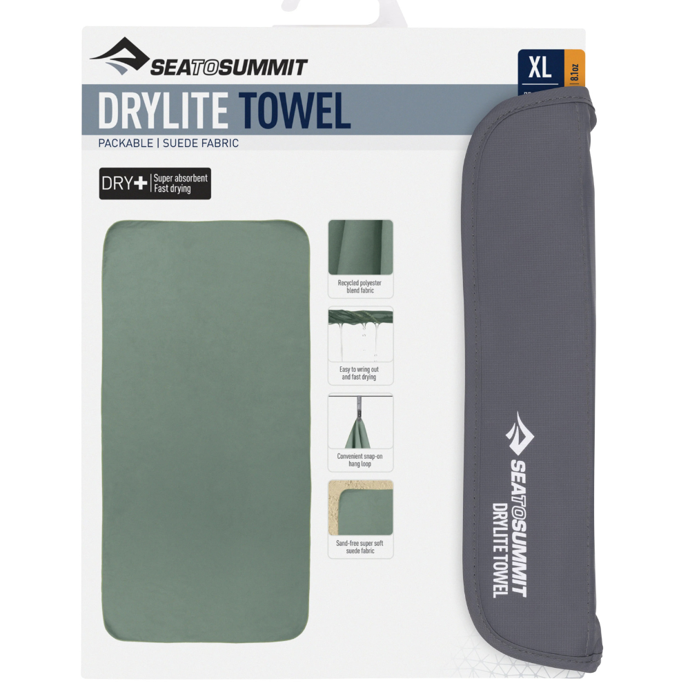 Sea to Summit Drylite Towel reishanddoek in maat XL Sage Green in de originele winkelverpakking met grijze opberghoes.