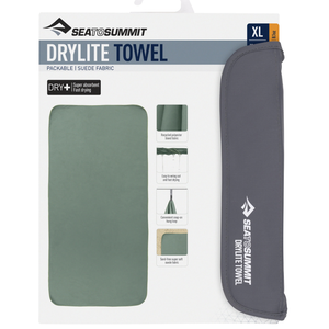 Sea to Summit Drylite Towel reishanddoek in maat XL Sage Green in de originele winkelverpakking met grijze opberghoes.