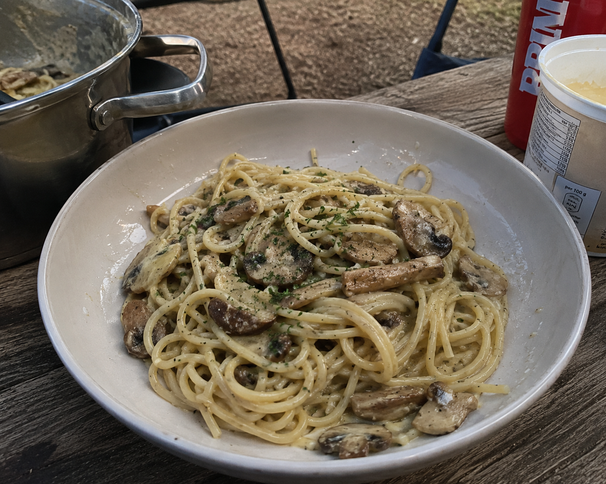 Spaghetti in romige saus met gebakken champignons en peterselie in een diep wit bord op een houten tafel