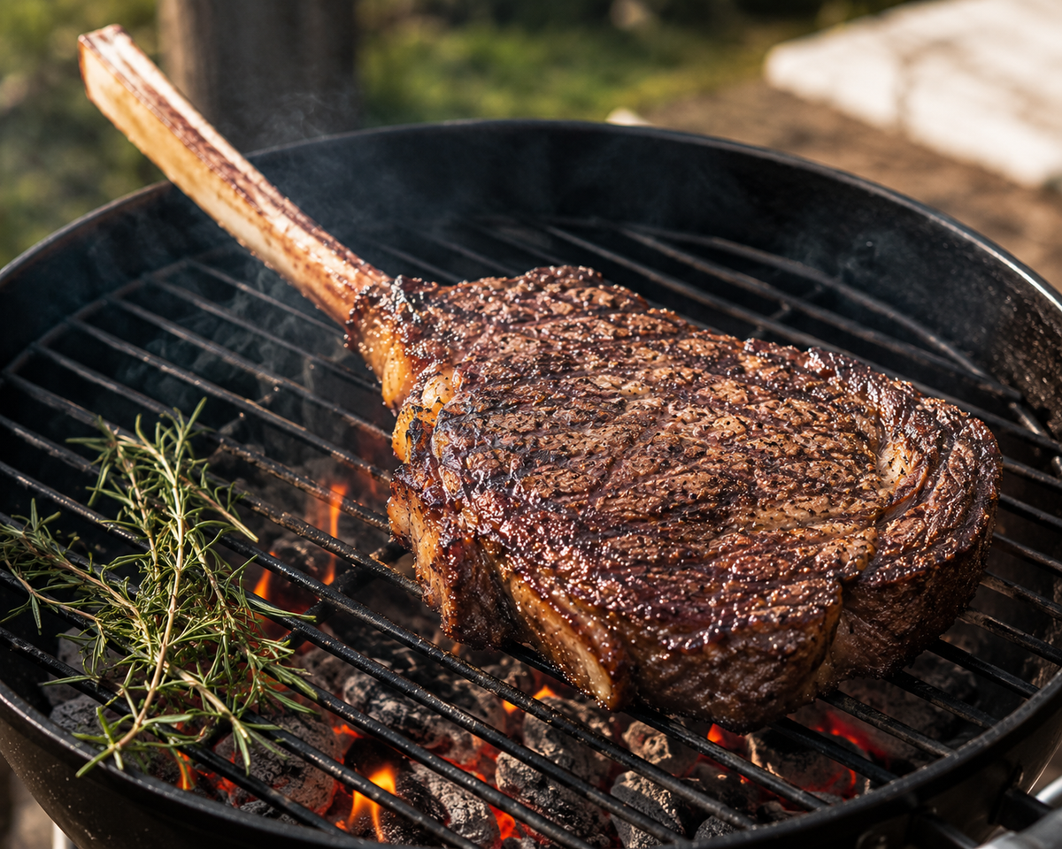 Premium Tomahawk Steak met grillstrepen op een brandende houtskoolbarbecue met een takje rozemarijn
