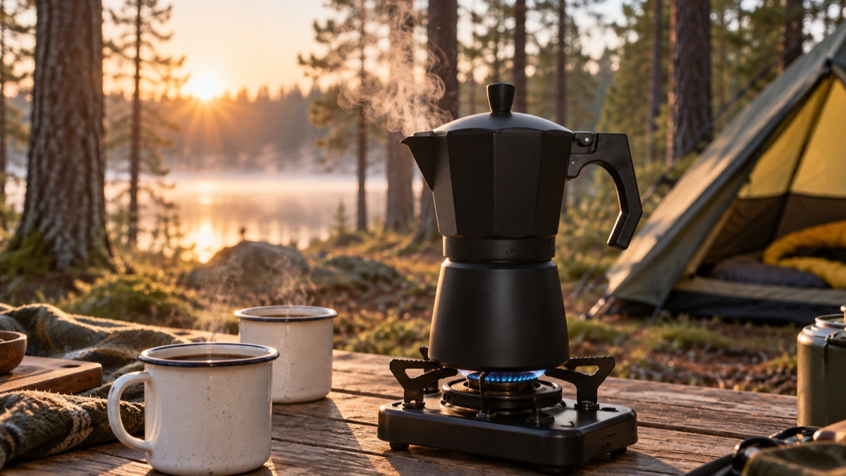 Zwarte percolator op een kooktoestel bij een tent in de ochtend