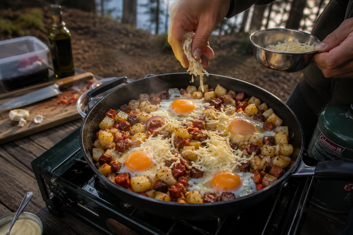 koekenpan gevuld met gebakken aardappelblokjes, spek, gesmolten kaas, spiegeleieren en saus.