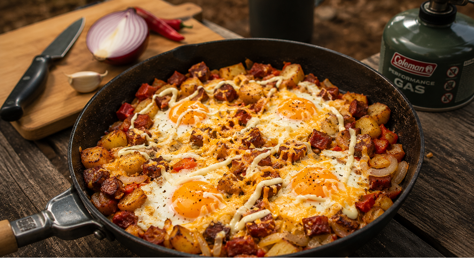 koekenpan gevuld met gebakken aardappelblokjes, spek, gesmolten kaas, spiegeleieren en saus
