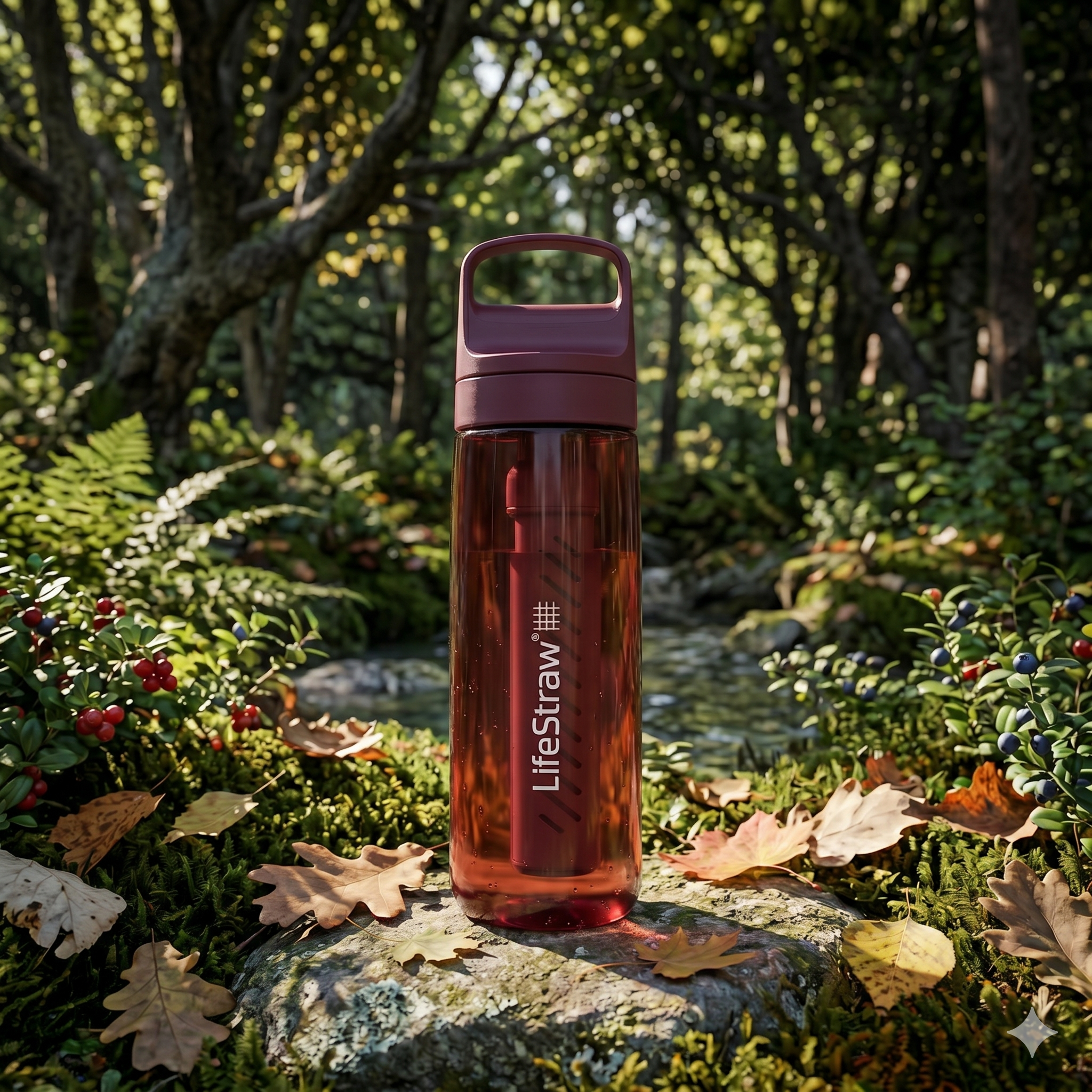 Duurzame Merlot Red LifeStraw Go Series drinkfles met ingebouwd waterfilter.