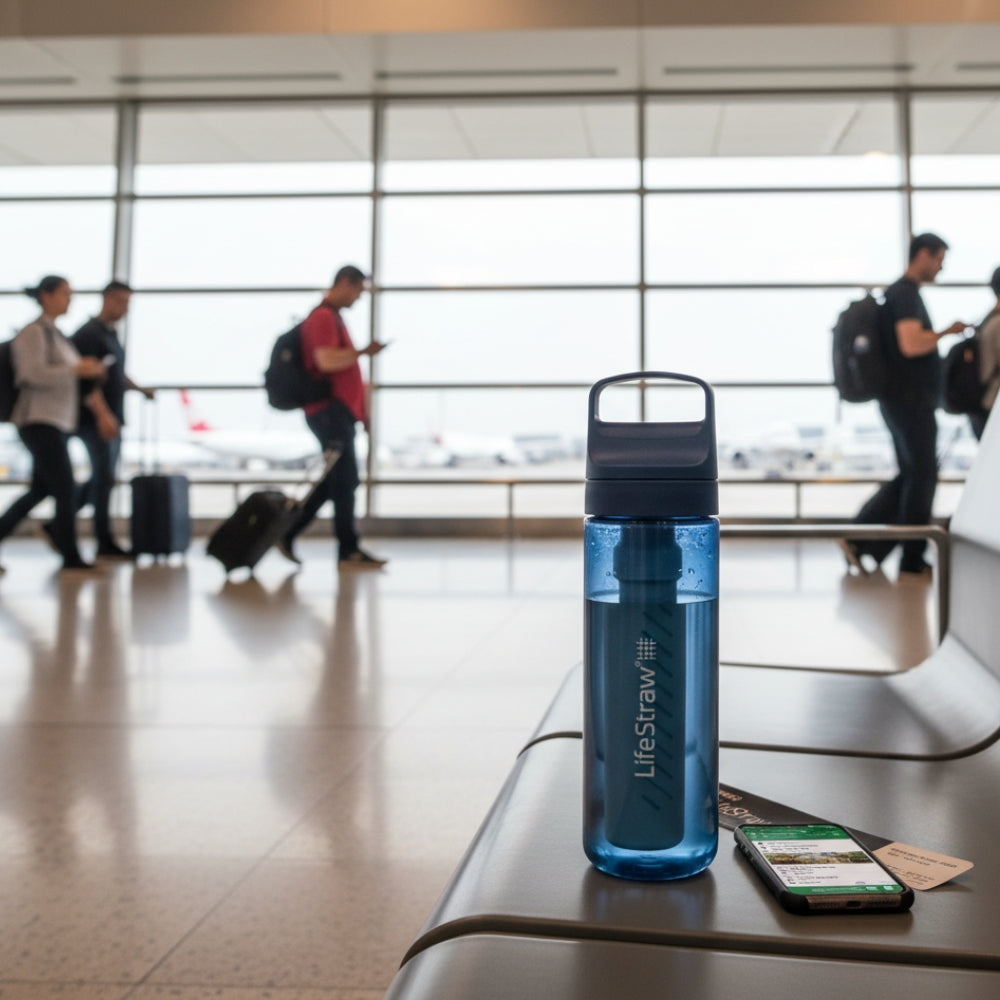Luxe donkerblauwe LifeStraw Go 2.0 waterfles 650ml met lekvrije dop en filter