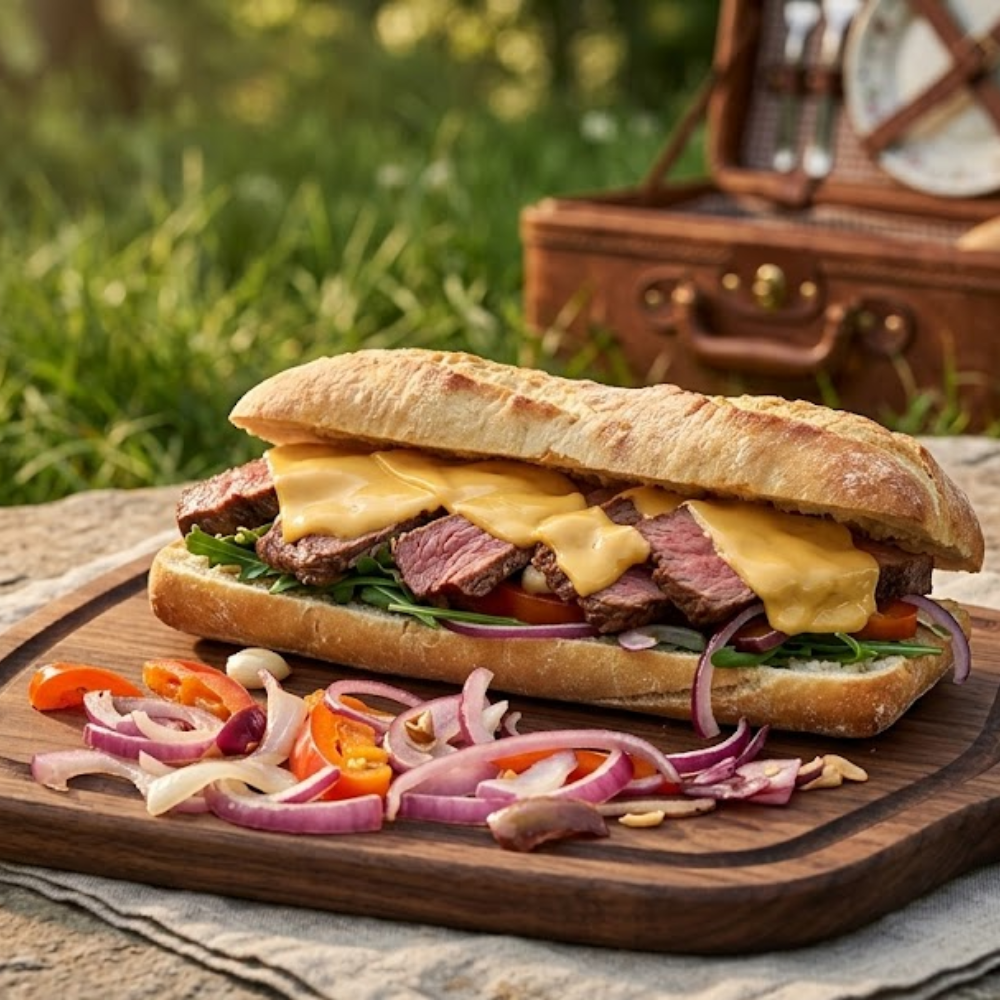 Een luxe, versgebakken broodje biefstuk met gesmolten cheddar kaas, rucola en rode ui, gepresenteerd op een houten snijplank in een zonnige outdoor camping setting.
