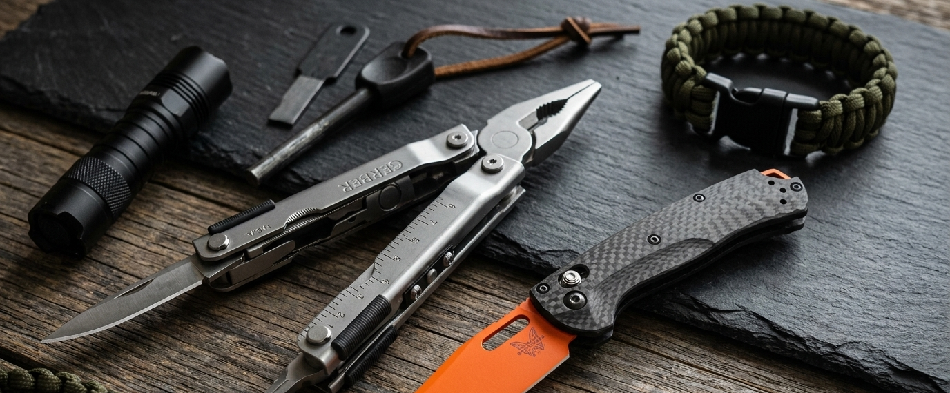 EDC-uitrusting met Gerber multitool en Benchmade zakmes, zaklamp en sleutelhanger op een donkere houten ondergrond
