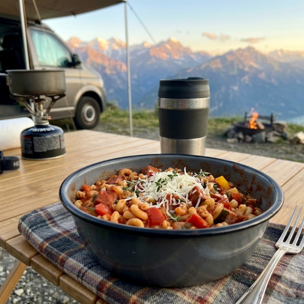 een dampende emaille kom met campingpasta met Smac, groenten en geraspte kaas op een houten klaptafel, met op de achtergrond een camperbusje en een adembenemend uitzicht op bergen tijdens zonsondergang.