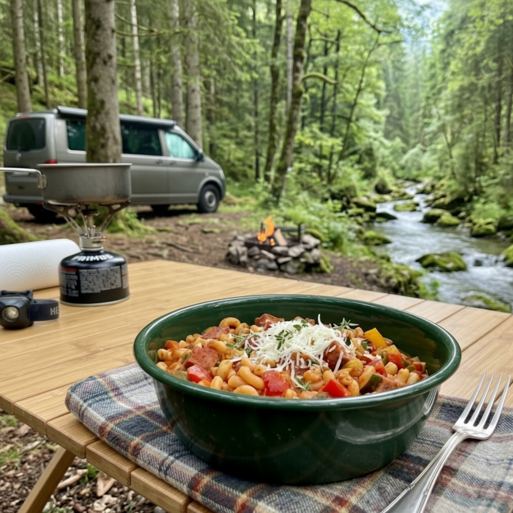 Een groene outdoor-kom gevuld met pasta, tomatensaus, Smac en gesmolten kaas op een houten campingtafel, met op de achtergrond een kampeerbusje in een groen bos naast een stromend beekje.
